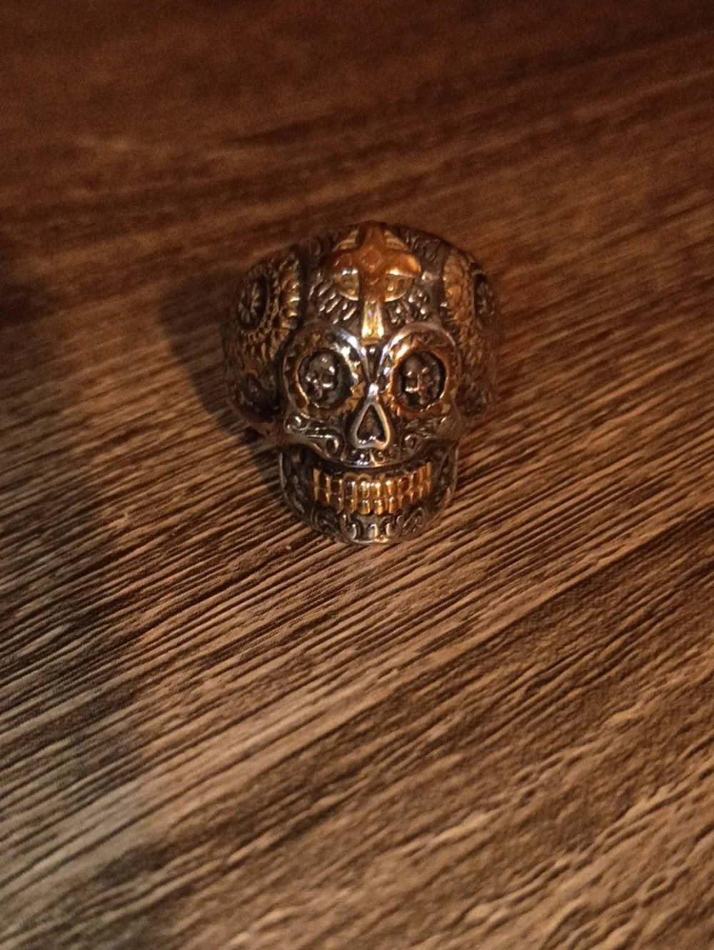 Vintage Mexican Sugar Skull Ring–Two-Tone Calavera Biker Ring with Cross Size 15